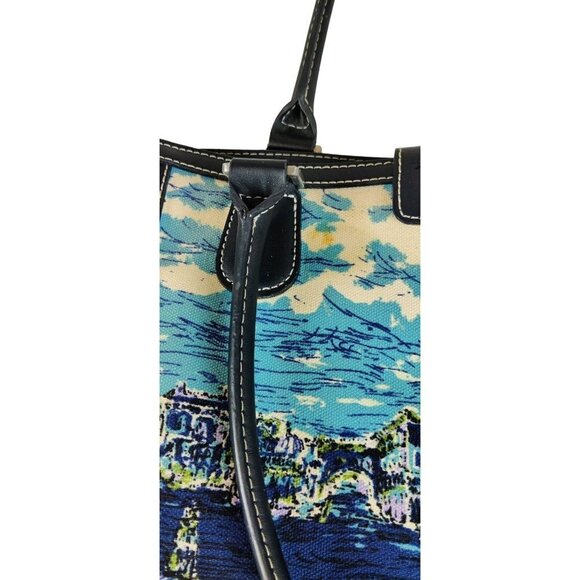 Talbots Tote Bag Venice Waterscape Navy Blue Canvas Brocade Weave Purse - Picture 7 of 12